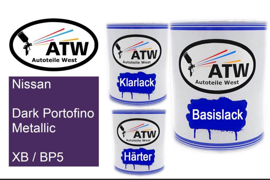 Nissan, Dark Portofino Metallic, XB / BP5: 1L Lackdose + 1L Klarlack + 500ml Härter - Set, von ATW Autoteile West.